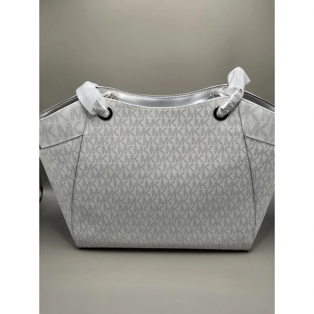 NWT Michael Kors Jet Set Travel Large Chain Shoulder Tote Silver MK Signature
